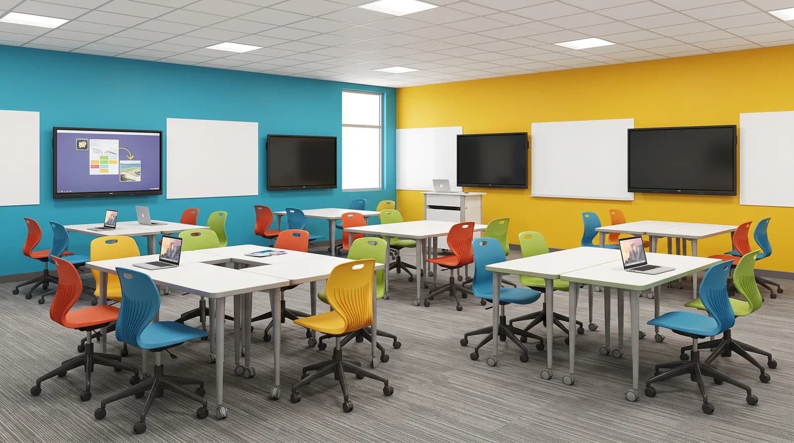 A classroom of white trapezoidal tables clustered into pods with red, yellow, green and blue shell chairs on castors, facing interactive displays and whiteboards on turquoise and yellow walls.