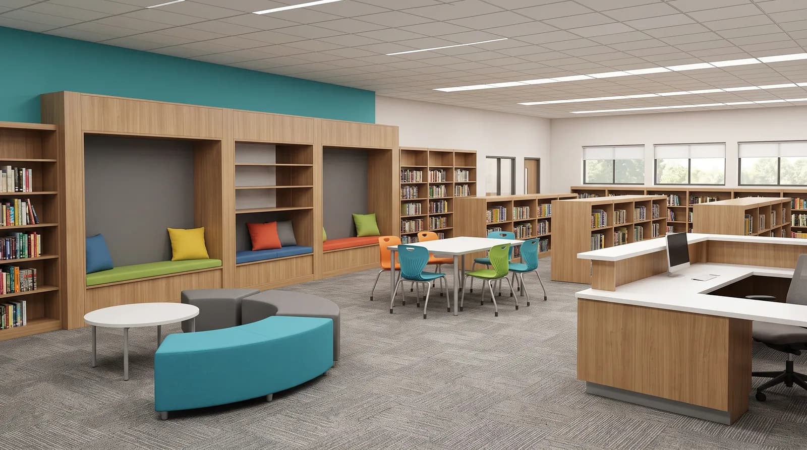 A school library with oak shelving, built-in window-seat reading nooks with bright cushions, a shared study table with coloured chairs, curved bench seating and a circulation desk.