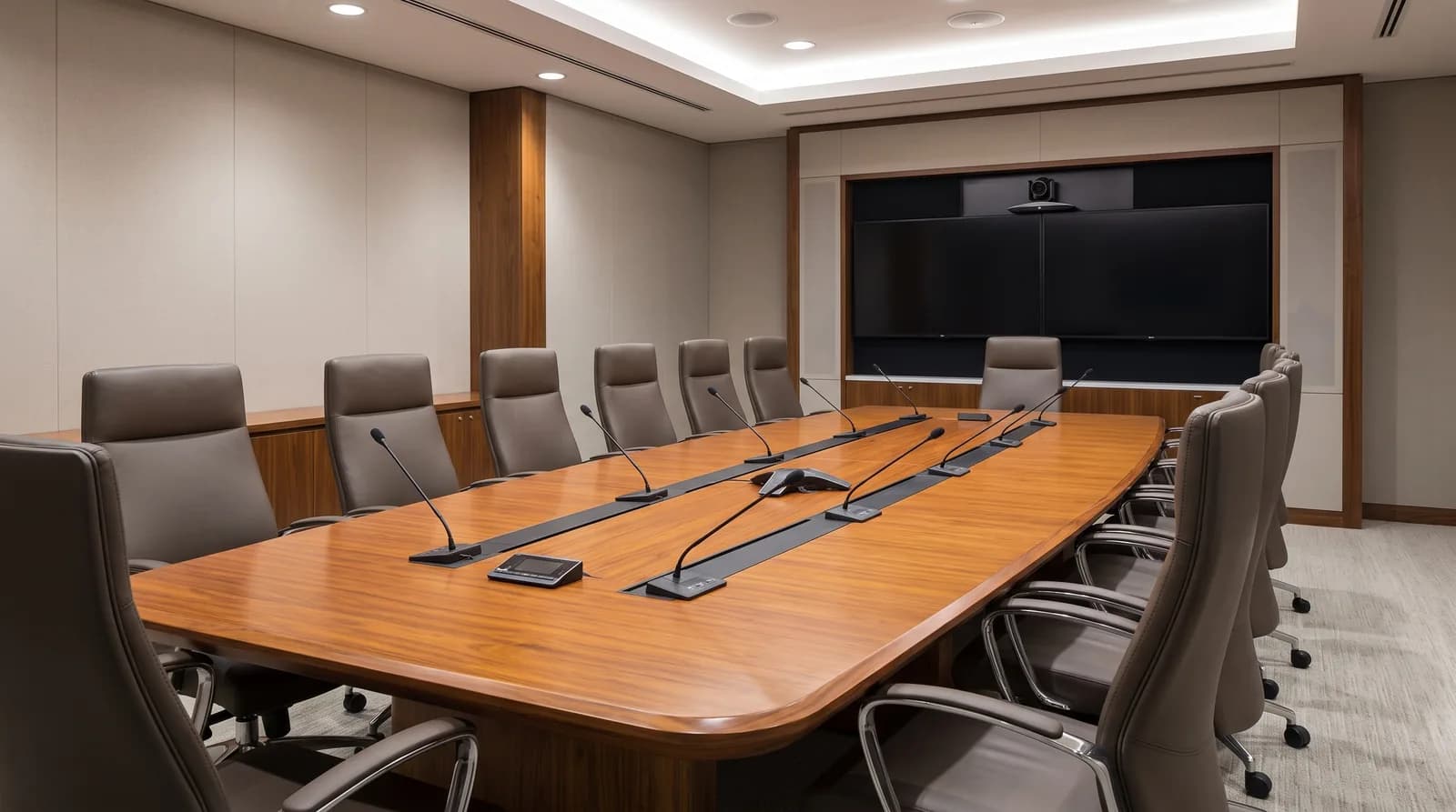 A boardroom with a boat-shaped walnut table seating fourteen in taupe leather high-back chairs, recessed delegate microphones down the centre, and a wall-mounted videoconference display with a camera above it.