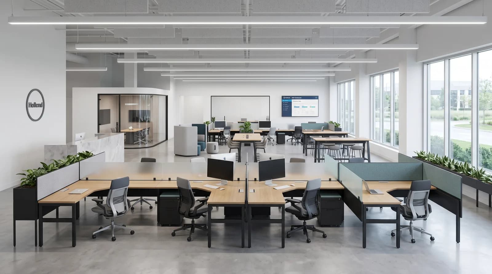 An open-plan floor of clustered workstations separated by low fabric and glass screens, with ergonomic task chairs, planter dividers and standing-height collaboration tables along a window wall.