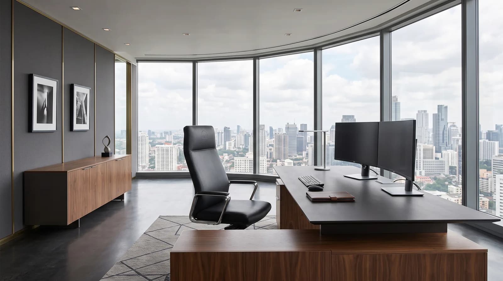 A corner executive office with a walnut desk and matching credenza, a high-back leather chair and dual monitors, wrapped by floor-to-ceiling windows above a city skyline.